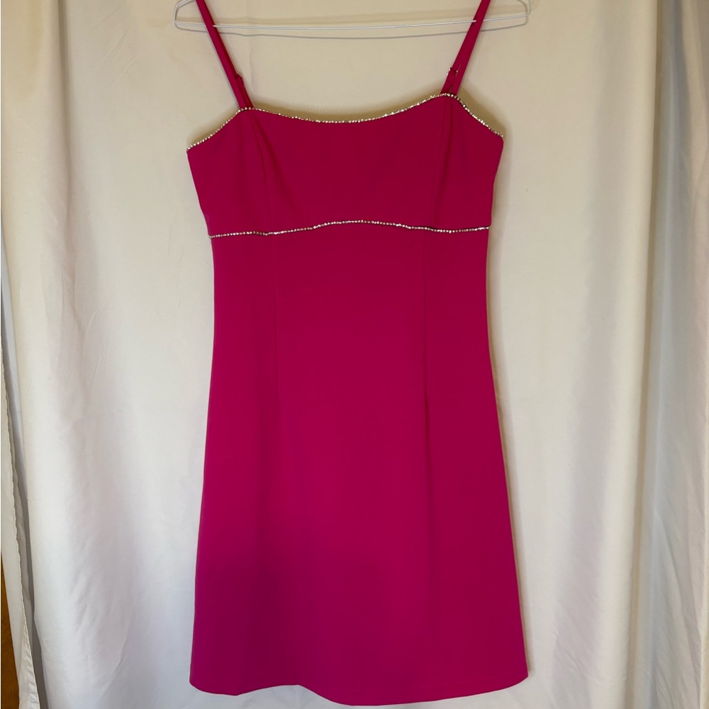 She + Sky Sz S Hot‎ Pink Mini Barbie Dress RhinestoneTrim Adjustable Straps